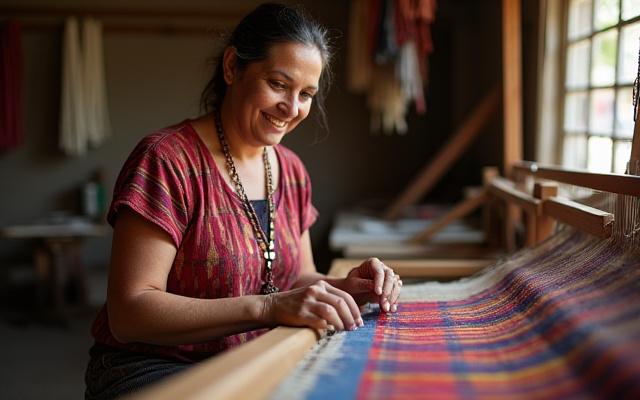 Artesana tejedora de ruanas coloridas